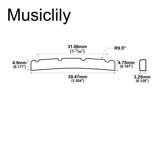 Dimensions of musiclily pro 39 47mm slotted j bass bone nut curved bottom for 4 string fender style jazz bass mx2101iv 2