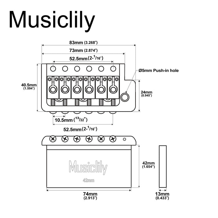 Musiclily Ultra Puente Tremolo de Borde de Cuchillo de 6 Tornillos de Latón Macizo Completo 52.5mm (2-1/16 pulgadas) para Guitarra Eléctrica Estilo Strat