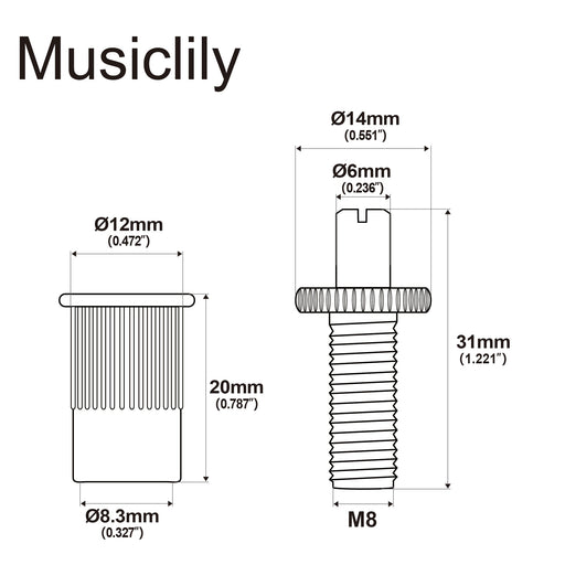 Dimensions of musiclily pro metric mounting stud and bushing for imported lp style electric guitar nashville tunematic bridge mx2209 2p