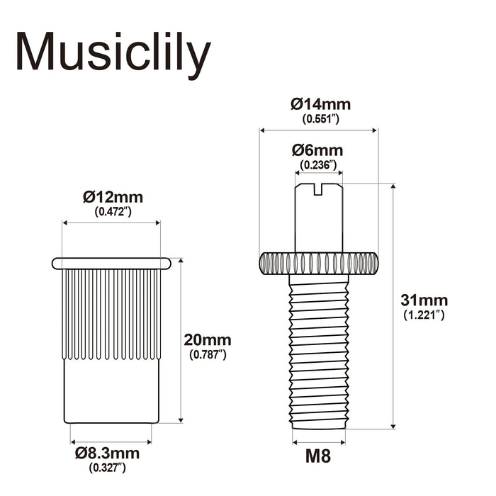 Dimensions of musiclily pro metric mounting stud and bushing for imported lp style electric guitar nashville tunematic bridge mx2209 2p