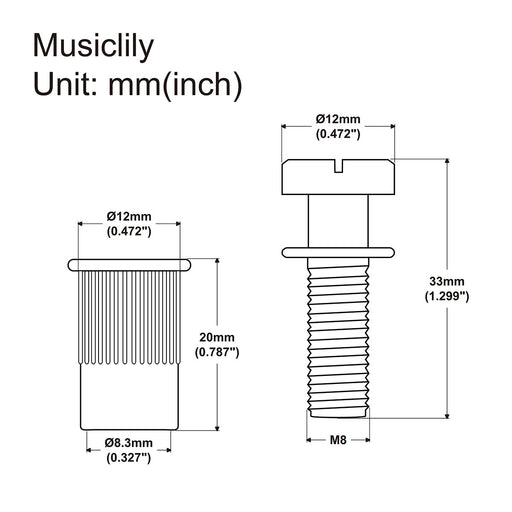 Dimensions of musiclily pro metric mounting stud and bushing for epiphone lp style electric guitar bridge stop tailpiece mx2211 2p