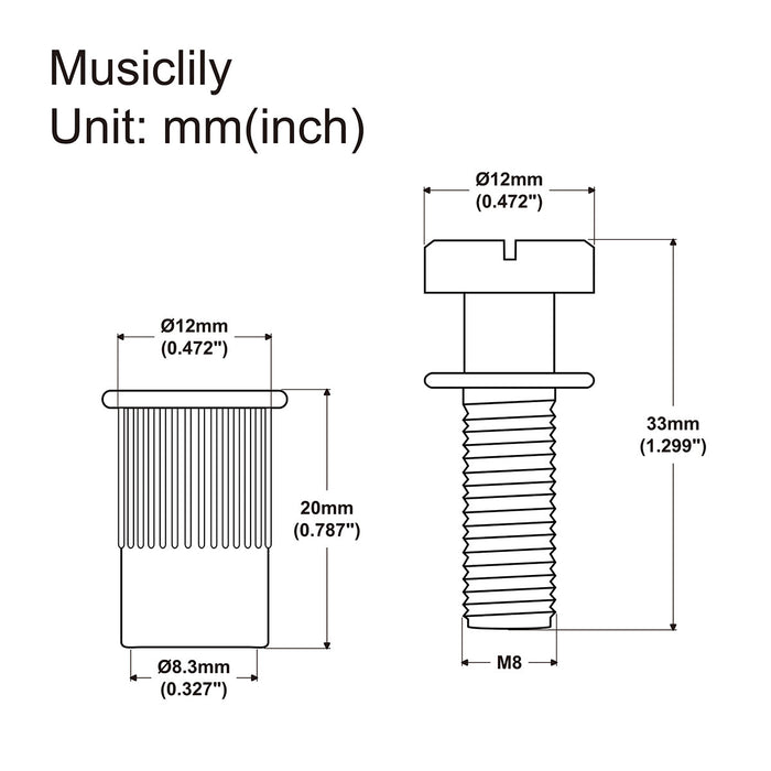Dimensions of musiclily pro metric mounting stud and bushing for epiphone lp style electric guitar bridge stop tailpiece mx2211 2p
