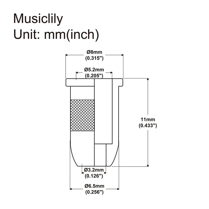 Dimensions of musiclily pro 11mm steel through body string mounting ferrules for electric guitar mx2213 6p