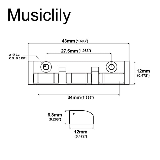 Dimensions of musiclily pro 34mm string spacing steel roller nut for 6 string electric guitar mx2215p