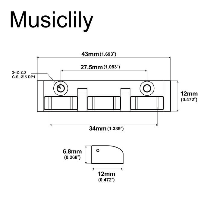 Dimensions of musiclily pro 34mm string spacing steel roller nut for 6 string electric guitar mx2215p