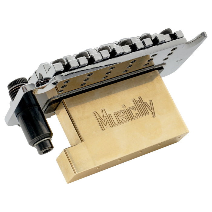 Usage show of musiclily ultra 32mm full solid brass steel l shaped tremolo block for electric guitar floyd rose locking tremolo bridge mx2235