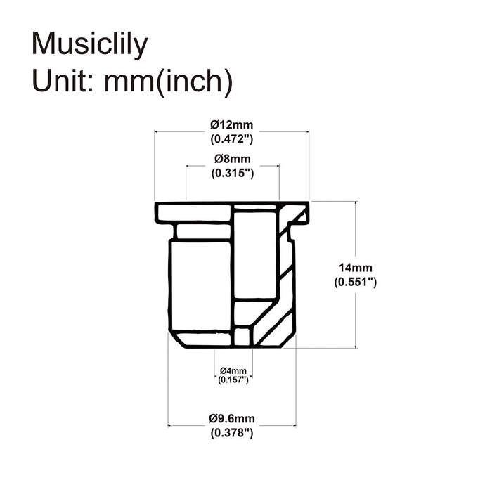 Dimensions of musiclily pro 14mm brass through body string mounting ferrules for electric bass mx2245 5p