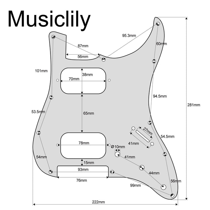Dimensions of musiclily pro 11 holes round corner hh guitar pickguard for american mexican fender standard strat style electric guitar 3ply 4ply mx2248p
