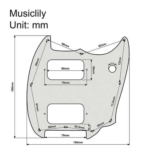 Dimensions of musiclily pro 9 holes round corner hh guitar pickguard for squier bullet mustang style electric guitar 3ply 4ply mx2249p