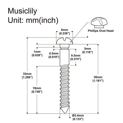 Dimensions of musiclily ultra 33mm stainless steel mounting screws for electric guitar prs style tremolo bridge mx2251nu 6