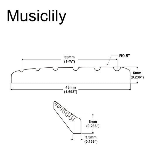 Dimensions of musiclily basic 6 string electric guitar pre slotted brass nut mx2299