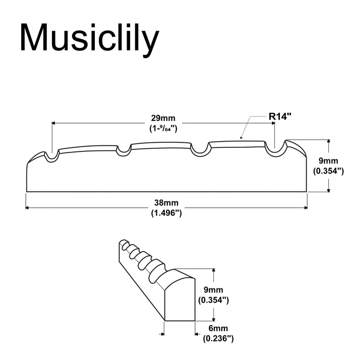 Dimensions of musiclily basic 4 string electric bass pre slotted brass nut 38x6x9mm mx2300