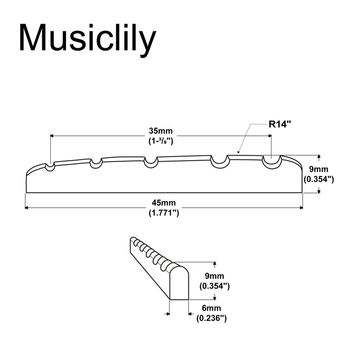 Dimensions of musiclily basic 5 string electric bass pre slotted brass nut 45x6x9mm mx2302
