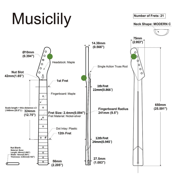 Dimensions of musiclily pro 9 5 inch radius 21 fret maple tl style electric guitar neck unfinished mx2313un