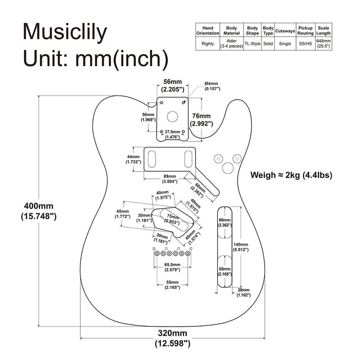Dimensions of musiclily pro ss hs routing alder tl style electric guitar body unfinished mx2316un