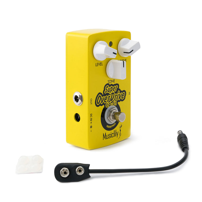 detail of musiclily pro yellow electric guitar effects pedal dc 9v adapter powered true bypass super overdrive mx2320p