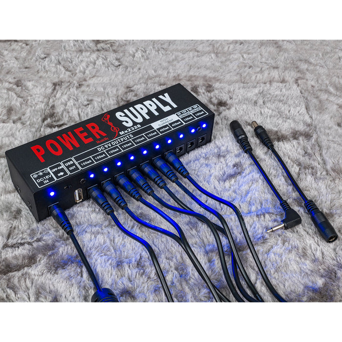 Usage show of musiclily pro guitar power supply 10 way isolated dc output for 9v 12v 18v effect pedal with usb port us standard adapter mx2328