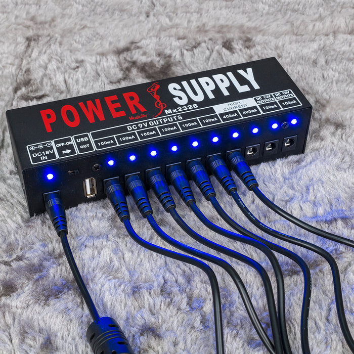 Application of musiclily pro guitar power supply 10 way isolated dc output for 9v 12v 18v effect pedal with usb port us standard adapter mx2328