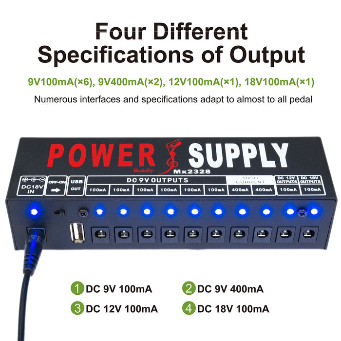 detail of musiclily pro guitar power supply 10 way isolated dc output for 9v 12v 18v effect pedal with usb port us standard adapter mx2328