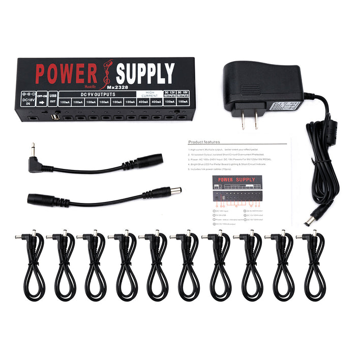 musiclily pro guitar power supply 10 way isolated dc output for 9v 12v 18v effect pedal with usb port us standard adapter mx2328 details