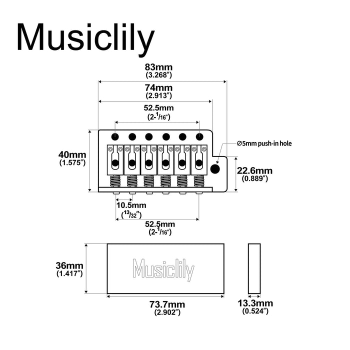 Dimensions of musiclily ultra 52 5mm2 1 16 inch standard 6 screw st tremolo bridge with modern brass saddles 36mm solid brass block push in arm for strat style electric guitar mx2373p