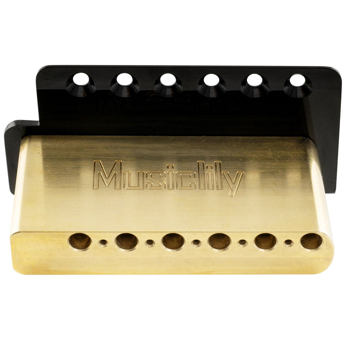 detail of musiclily ultra 52 5mm2 1 16 inch standard 6 screw st tremolo bridge with modern brass saddles 36mm solid brass block push in arm for strat style electric guitar mx2373p