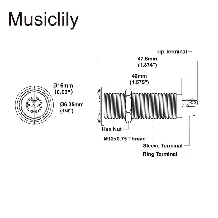 Musiclily Pro 1/4 inch 6.35mm Cylinder Mono Output Jack Socket for Electric Guitar Bass, Chrome