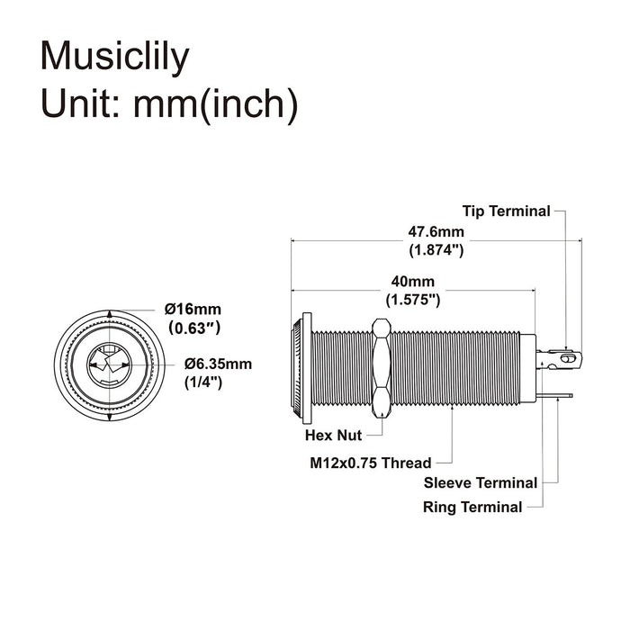 Dimensions of musiclily pro 1 4 inch 6 35mm cylinder mono output jack socket for electric guitar bass mx2396p