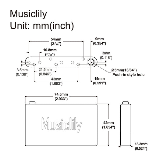 Dimensions of musiclily ultra 54mm2 1 8 inch full solid brass block for strat electric guitar wilkinson wvc wvp tremolo bridge 42mm tall mx2434