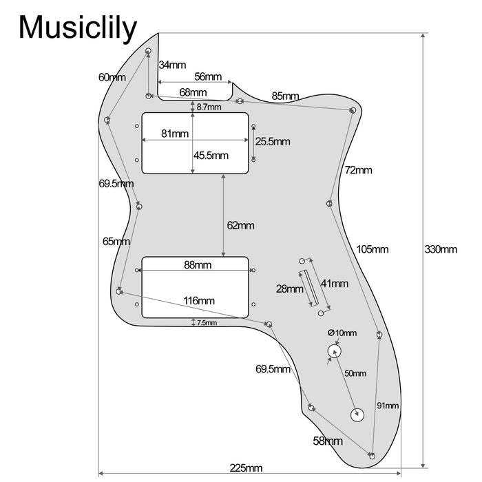 Dimensions of musiclily pro 12 holes wide range hh guitar pickguard for usa mexico fender 72 tele thinline style electric guitar 3ply 4ply mx2453p