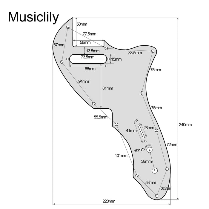 Dimensions of musiclily pro 11 holes guitar pickguard for usa fender 69 tele thinline style electric guitar 3ply 4ply mx2454p
