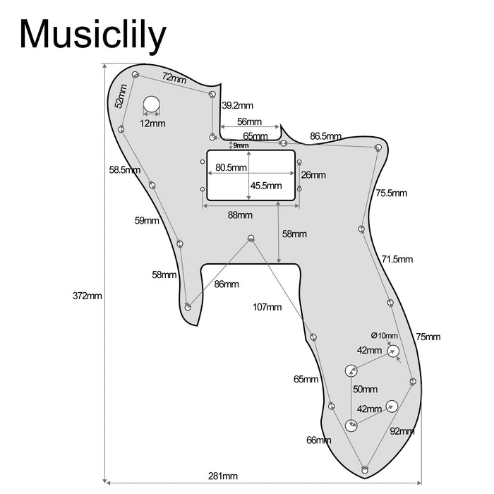 Dimensions of musiclily pro 16 holes wide range humbucker guitar pickguard for usa mexico fender 72 tele custom style electric guitar 3ply 4ply mx2455p