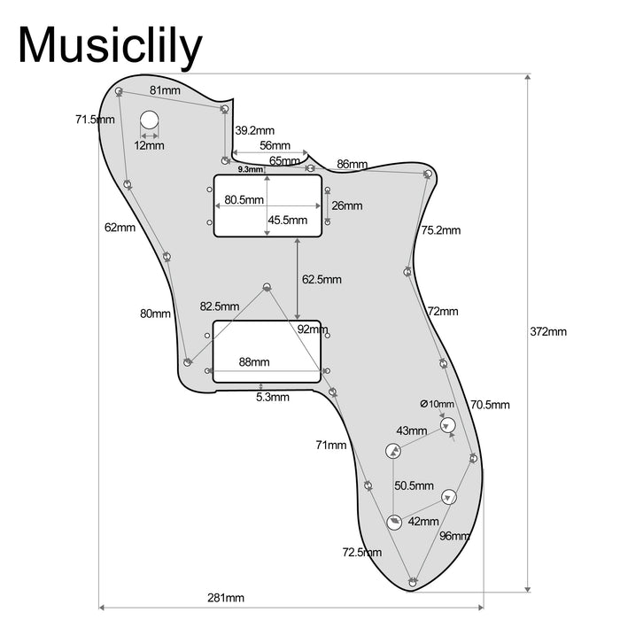 Dimensions of musiclily pro 15 holes wide range hh guitar pickguard for mexico fender 72 tele deluxe style electric guitar 3ply 4ply mx2456p