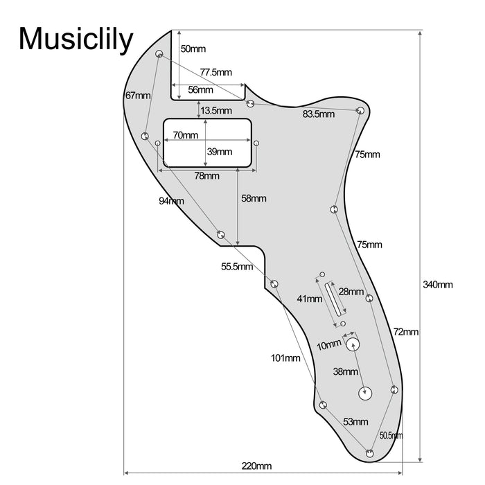 Dimensions of musiclily pro 11 holes single h guitar pickguard for usa fender 69 tele thinline style electric guitar mx2459p