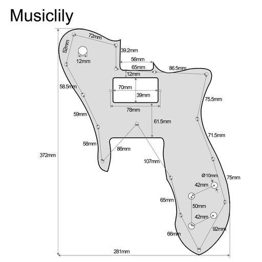 Dimensions of musiclily pro 16 holes single h guitar pickguard for usa mexico fender 72 tele custom style electric guitar mx2461p