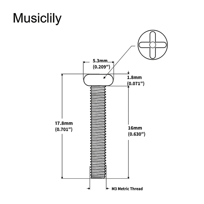 Dimensions of musiclily pro metric m3 16mm steel saddle intonation screws for imported electric guitar bass bridge mx2472 6p
