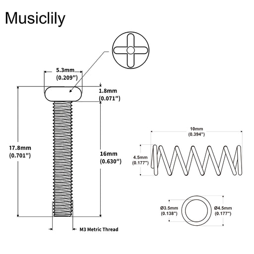 Dimensions of musiclily pro metric m3 16mm steel saddle intonation screws and spring set for imported electric guitar bass bridge mx2472 6mx2491 6p