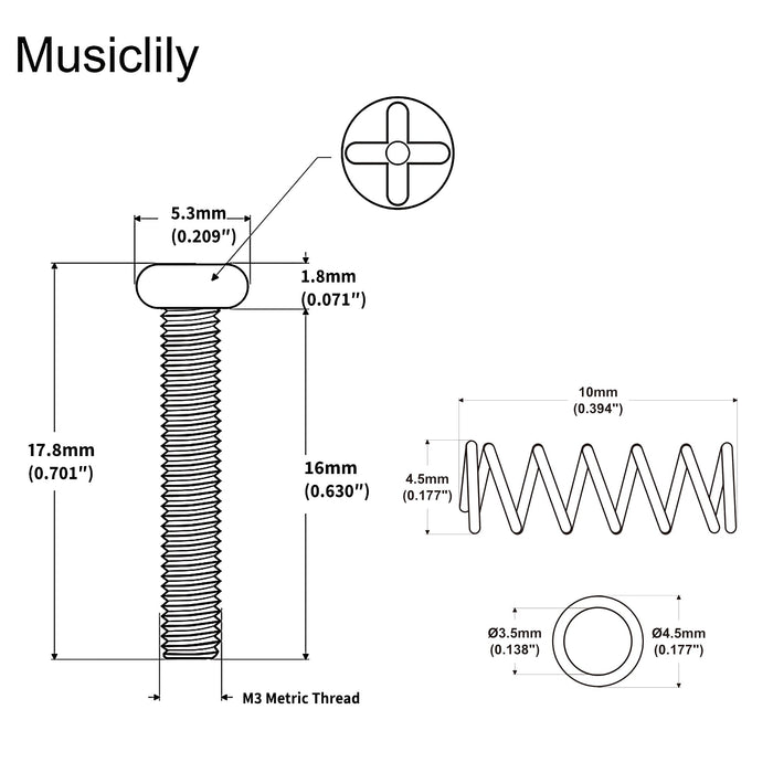 Dimensions of musiclily pro metric m3 16mm steel saddle intonation screws and spring set for imported electric guitar bass bridge mx2472 6mx2491 6p