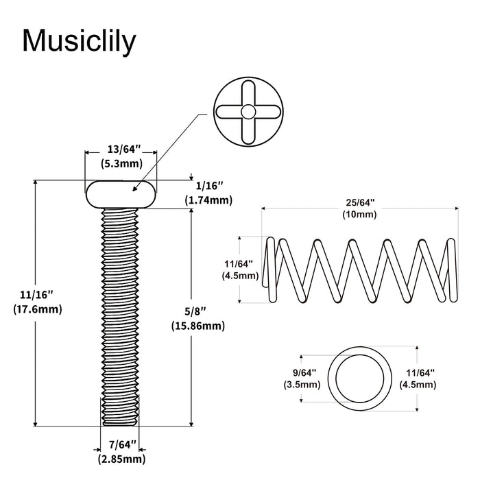 Dimensions of musiclily pro unc 4 40x5 8 inch stainless steel saddle intonation screws and spring set for american electric guitar bass bridge mx2473 6mx2491 6