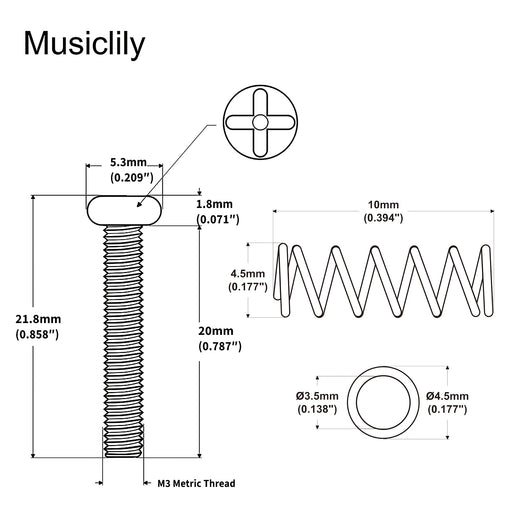 Dimensions of musiclily pro metric m3 20mm steel saddle intonation screw and spring set for imported electric guitar bass bridge mx2474 6mx2491 6p