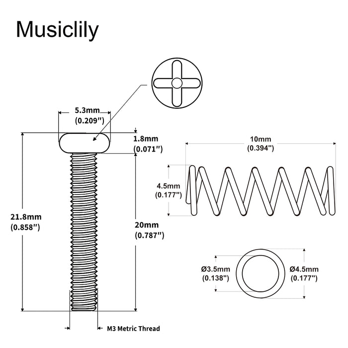 Dimensions of musiclily pro metric m3 20mm steel saddle intonation screw and spring set for imported electric guitar bass bridge mx2474 6mx2491 6p