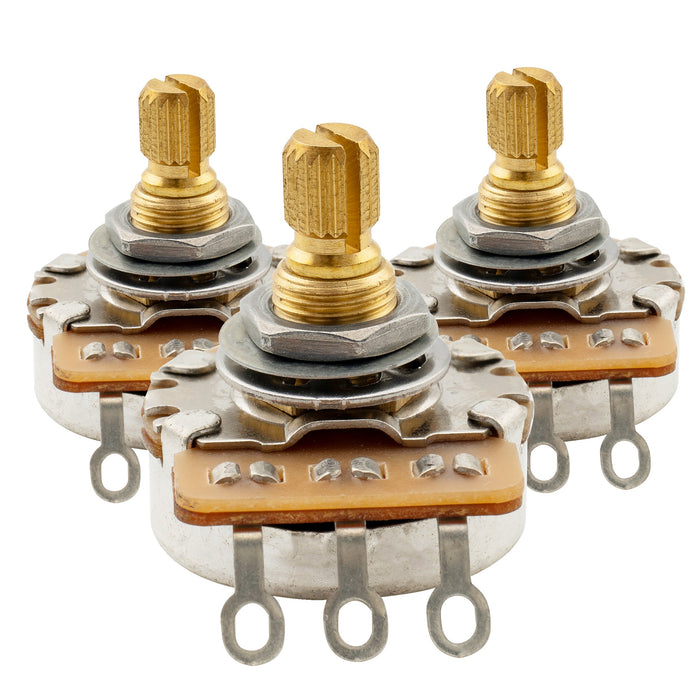detail of musiclily pro hd a250k b250k full brass metric coarse 18 spline split short shaft pots audio linear taper potentiometers for imported strat style electric guitar bass mx2500 2mx2501