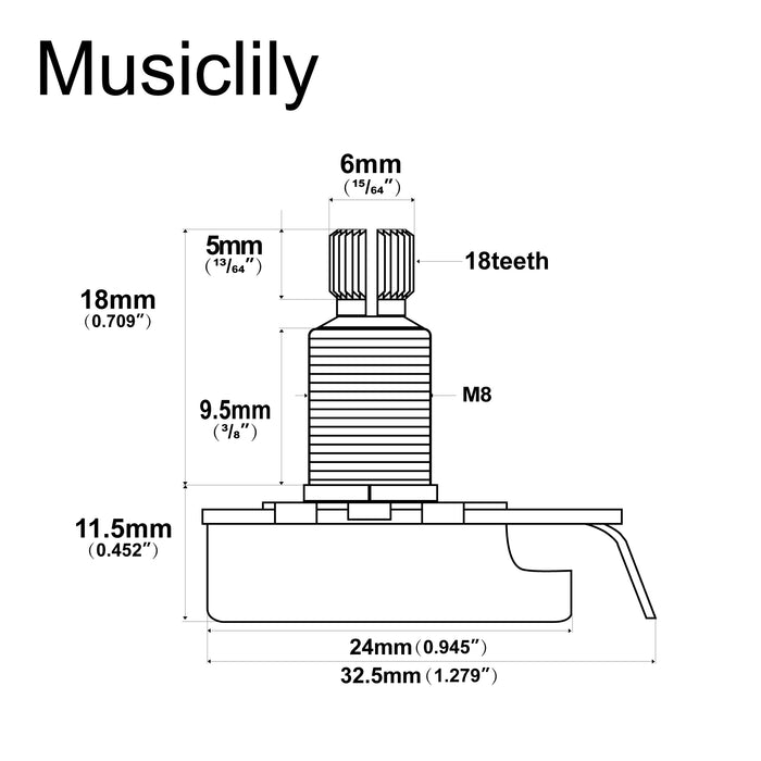 Dimensions of musiclily pro hd a25k full brass metric coarse 18 spline split shaft pot audio taper potentiometer for electric guitar bass mx2504