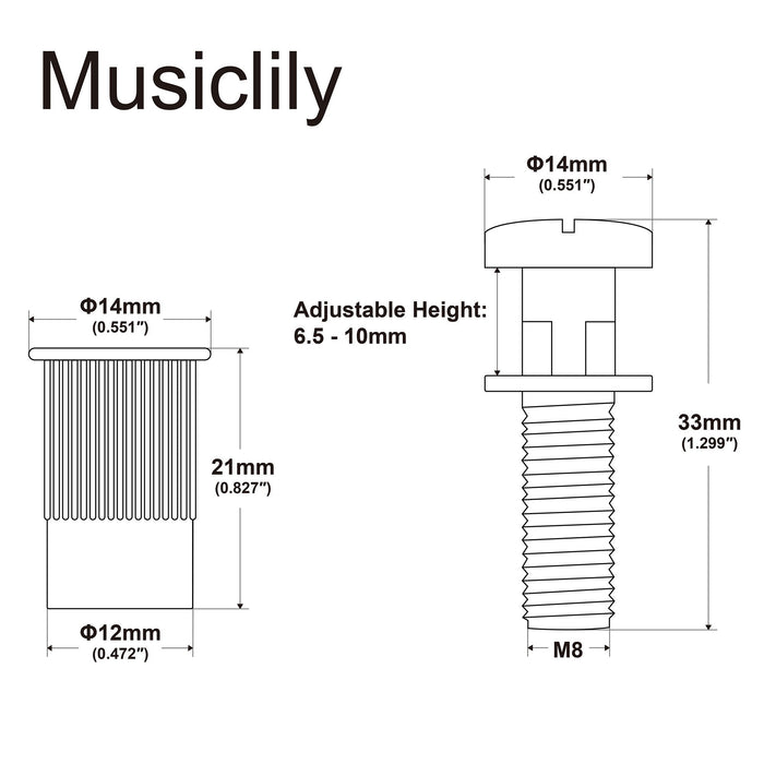 Dimensions of musiclily pro metric seperatable mounting stud and bushing for epiphone lp style electric guitar bridge stop tailpiece mx2547cr 2p