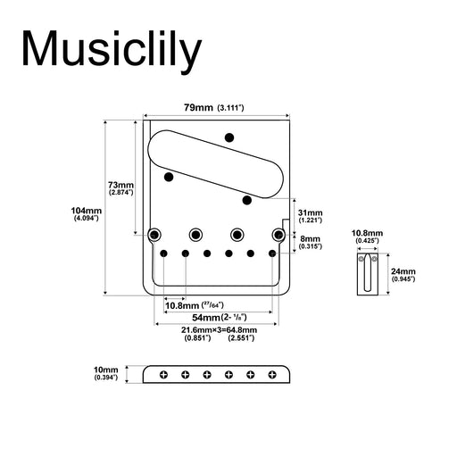 Dimensions of musiclily ultra 54mm 2 1 8 inch string spacing full solid brass heavy duty asymmetric string through body tele style electric guitar bridge mx2549p