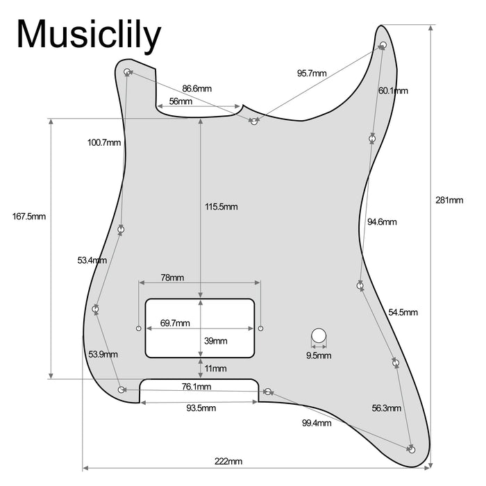 Dimensions of musiclily pro 11 holes single covered humbucker and pot slot guitar pickguard for usa mexico fender tom delonge strat style electric guitar mx2551p
