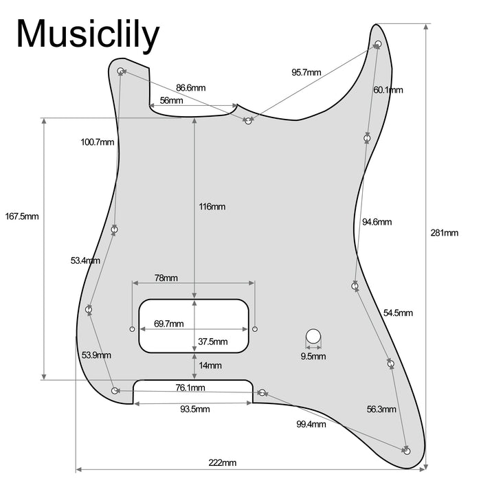 Dimensions of musiclily pro 11 holes single uncovered humbucker and pot slot guitar pickguard for usa mexico fender tom delonge strat style electric guitar mx2552p