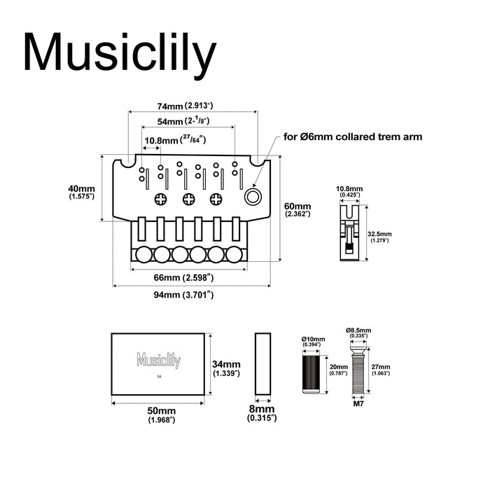 Dimensions of musiclily pro bl001 54mm 2 1 8 inch string spacing double locking tremolo bridge with 34mm full solid brass block for fr style electric guitar mx2570p