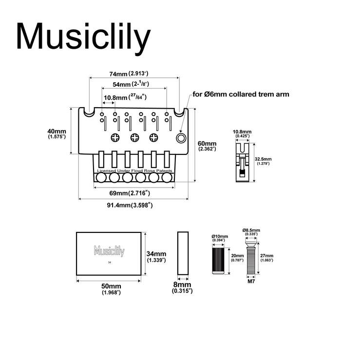 Dimensions of musiclily pro bl002 54mm 2 1 8 inch string spacing double locking tremolo bridge with 34mm full solid brass block for fr style electric guitar mx2571p