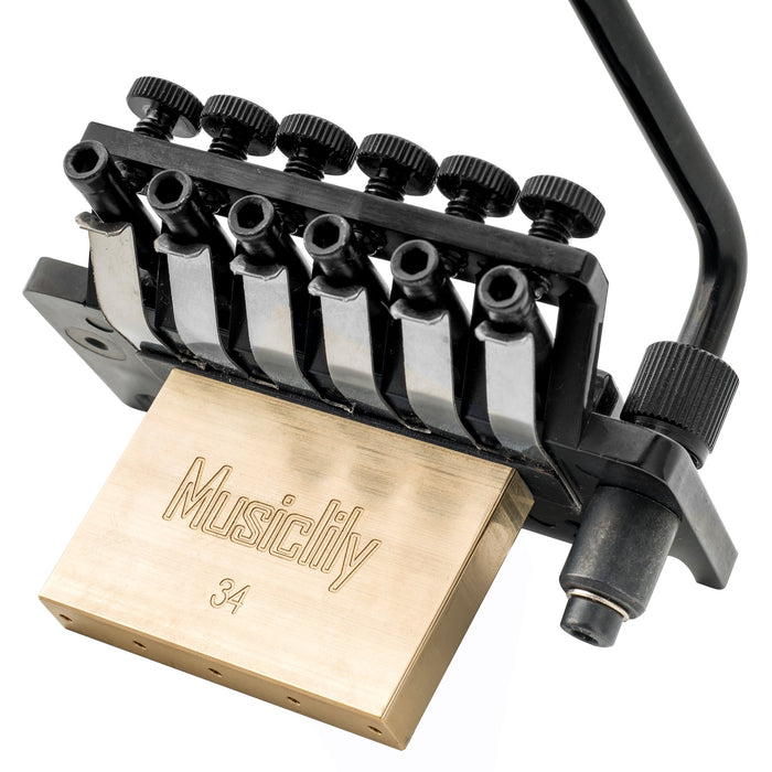 detail of musiclily pro bl002 54mm 2 1 8 inch string spacing double locking tremolo bridge with 34mm full solid brass block for fr style electric guitar mx2571p